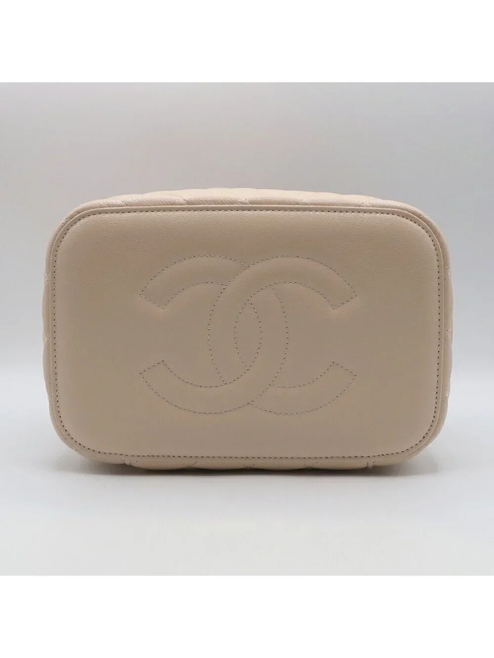Chanel Vanity Beige Gold Caviar Leather CC Logo Makeup Pouch